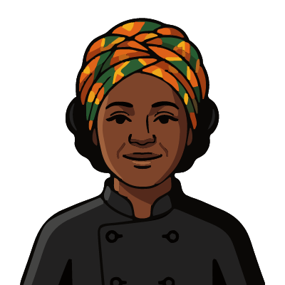 A Ghanaian woman about 45 with deep brown skin, a round face, a bright orange headwrap, a black chef's jacket with cloth-knot buttons. Bold outline style.