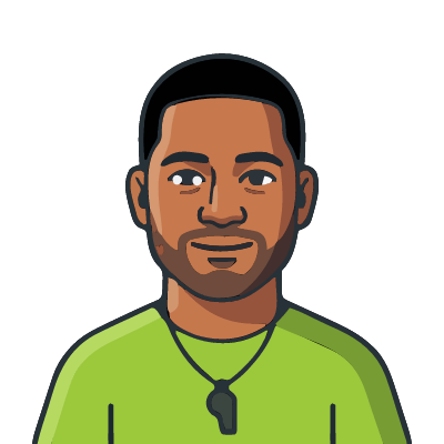 A Samoan man about 36 with warm brown skin, a broad build, short black hair, a trimmed beard, a lime-green athletic t-shirt, a whistle on a cord. Bold outline style.