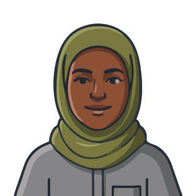 A Somali woman about 40 with deep brown skin, an olive-green hijab, a determined smile, a gray work shirt with a chest pocket. Bold outline style.