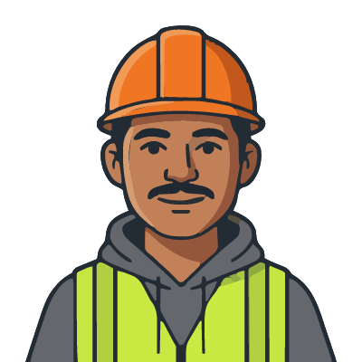 A Mexican man about 31 with medium-brown skin, a dark mustache, an orange hard hat, a lime hi-vis vest over a gray hoodie. Bold outline style.