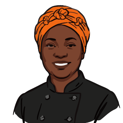 A Ghanaian woman about 45 with deep brown skin, a round face, a bright orange headwrap, a black chef's jacket with cloth-knot buttons. Brush ink style.