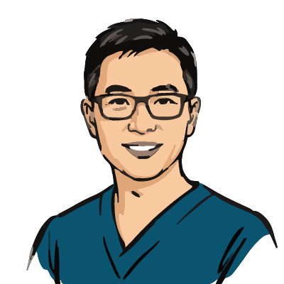 A Chinese man about 42 with light warm skin, short black hair, rectangular dark-framed glasses, a calm smile, teal scrubs with a V-neck. Brush ink style.