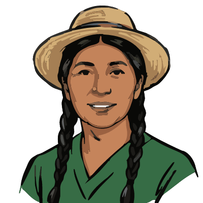 A Quechua woman from the Andes about 58 with medium-brown skin, two long black braids with a few gray strands, a straw hat, a green work shirt. Brush ink style.