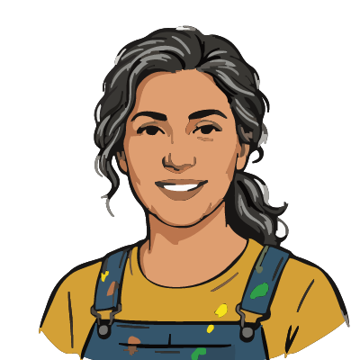 A Greek woman about 47 with olive skin, wavy dark hair with gray streaks in a ponytail, blue overalls with a few bright paint splashes over a mustard t-shirt. Brush ink style.