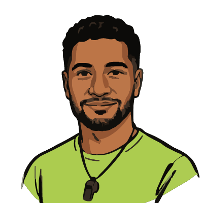 A Samoan man about 36 with warm brown skin, a broad build, short black hair, a trimmed beard, a lime-green athletic t-shirt, a whistle on a cord. Brush ink style.