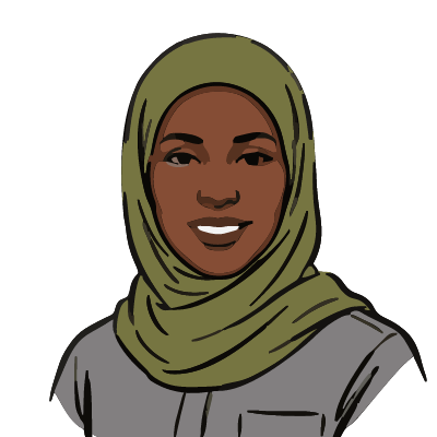 A Somali woman about 40 with deep brown skin, an olive-green hijab, a determined smile, a gray work shirt with a chest pocket. Brush ink style.