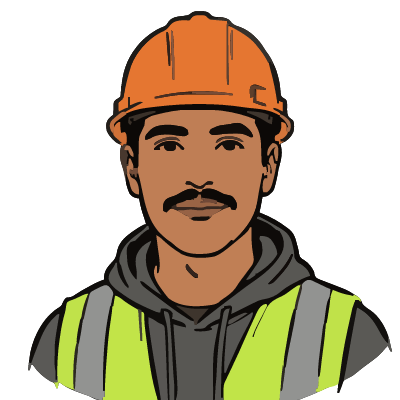 A Mexican man about 31 with medium-brown skin, a dark mustache, an orange hard hat, a lime hi-vis vest over a gray hoodie. Brush ink style.