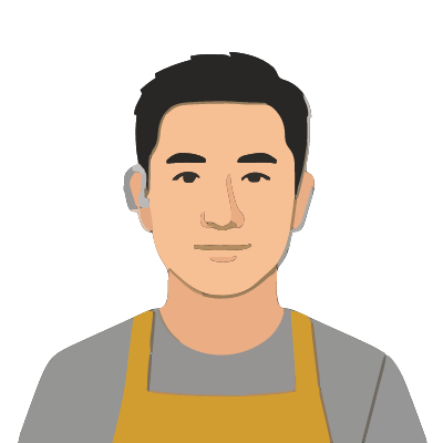 A Korean man about 34 with light warm skin, short black hair, a clearly visible silver-gray behind-the-ear hearing aid hooked over his right ear, a mustard-yellow apron over a gray t-shirt. Cut paper style.
