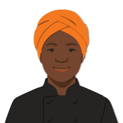 A Ghanaian woman about 45 with deep brown skin, a round face, a bright orange headwrap, a black chef's jacket with cloth-knot buttons. Cut paper style.
