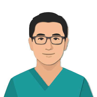 A Chinese man about 42 with light warm skin, short black hair, rectangular dark-framed glasses, a calm smile, teal scrubs with a V-neck. Cut paper style.
