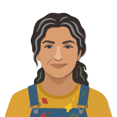 A Greek woman about 47 with olive skin, wavy dark hair with gray streaks in a ponytail, blue overalls with a few bright paint splashes over a mustard t-shirt. Cut paper style.