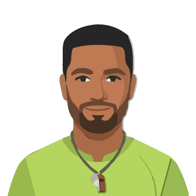 A Samoan man about 36 with warm brown skin, a broad build, short black hair, a trimmed beard, a lime-green athletic t-shirt, a whistle on a cord. Cut paper style.