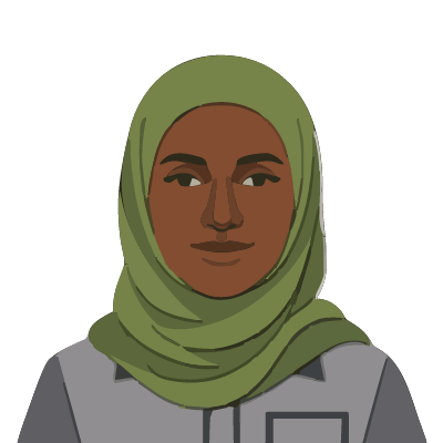 A Somali woman about 40 with deep brown skin, an olive-green hijab, a determined smile, a gray work shirt with a chest pocket. Cut paper style.