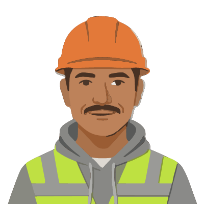 A Mexican man about 31 with medium-brown skin, a dark mustache, an orange hard hat, a lime hi-vis vest over a gray hoodie. Cut paper style.