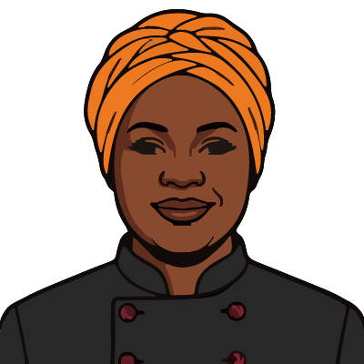 A Ghanaian woman about 45 with deep brown skin, a round face, a bright orange headwrap, a black chef's jacket with cloth-knot buttons. Pop comic style.