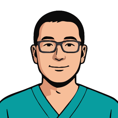 A Chinese man about 42 with light warm skin, short black hair, rectangular dark-framed glasses, a calm smile, teal scrubs with a V-neck. Pop comic style.
