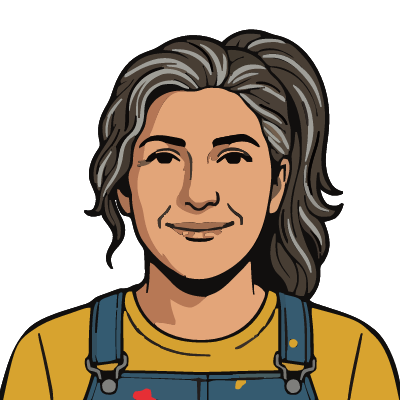A Greek woman about 47 with olive skin, wavy dark hair with gray streaks in a ponytail, blue overalls with a few bright paint splashes over a mustard t-shirt. Pop comic style.