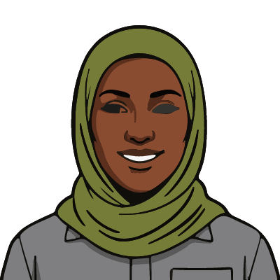 A Somali woman about 40 with deep brown skin, an olive-green hijab, a determined smile, a gray work shirt with a chest pocket. Pop comic style.