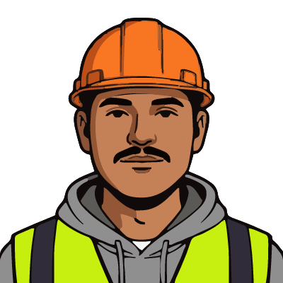 A Mexican man about 31 with medium-brown skin, a dark mustache, an orange hard hat, a lime hi-vis vest over a gray hoodie. Pop comic style.