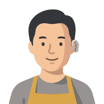 A Korean man about 34 with light warm skin, short black hair, a clearly visible silver-gray behind-the-ear hearing aid hooked over his right ear, a mustard-yellow apron over a gray t-shirt. Soft geometric style.