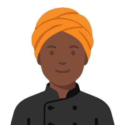 A Ghanaian woman about 45 with deep brown skin, a round face, a bright orange headwrap, a black chef's jacket with cloth-knot buttons. Soft geometric style.