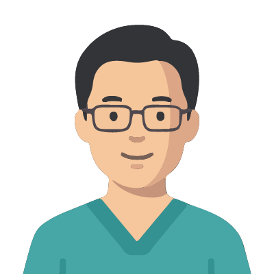 A Chinese man about 42 with light warm skin, short black hair, rectangular dark-framed glasses, a calm smile, teal scrubs with a V-neck. Soft geometric style.