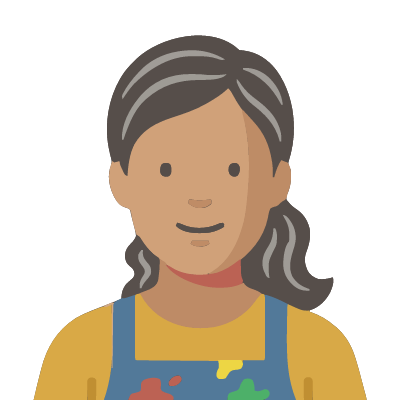 A Greek woman about 47 with olive skin, wavy dark hair with gray streaks in a ponytail, blue overalls with a few bright paint splashes over a mustard t-shirt. Soft geometric style.