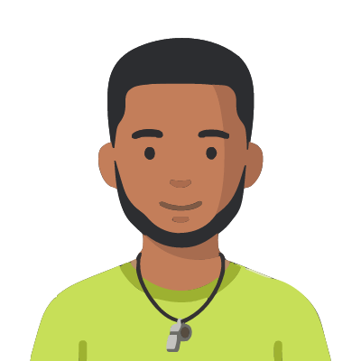 A Samoan man about 36 with warm brown skin, a broad build, short black hair, a trimmed beard, a lime-green athletic t-shirt, a whistle on a cord. Soft geometric style.