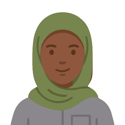 A Somali woman about 40 with deep brown skin, an olive-green hijab, a determined smile, a gray work shirt with a chest pocket. Soft geometric style.