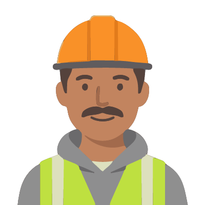 A Mexican man about 31 with medium-brown skin, a dark mustache, an orange hard hat, a lime hi-vis vest over a gray hoodie. Soft geometric style.