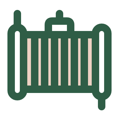 A car radiator seen from the front: a wide rectangular core with a grid of vertical fins shown as six lines, a small tank on each side, a cap on top and a pipe stub on each side. The tint fills the core.