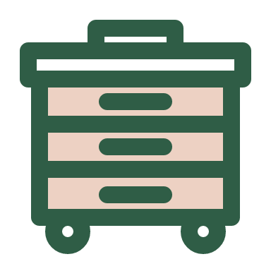 A rolling tool chest seen straight on: a wide cabinet with a flat lid and a top handle bar, three drawers each with a horizontal pull bar, and two small wheels at the bottom. The tint fills the drawers.
