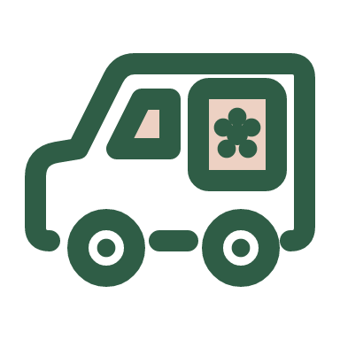 A small delivery van in side view facing left: a boxy body with a short sloped hood, a windshield and side window, a plain panel on the side with a small flower silhouette of a circle with five round petals, and two round wheels. The tint fills the side panel and the window.
